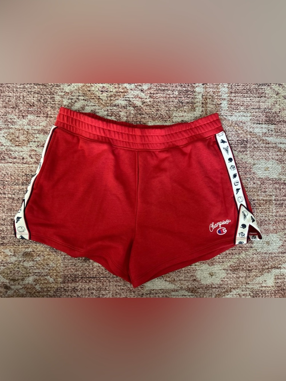 Champion Women's Red Athletic Shorts with Side Logo Tape
